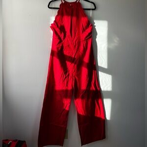 Francesca’s Red Scalloped Halter Neck Linen Jumpsuit